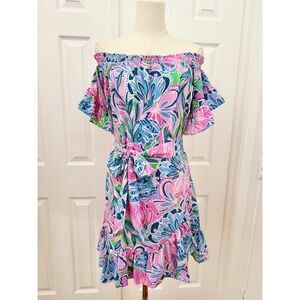 Lilly Pulitzer Off Shoulder Maddlyn Stretch Dress Gecko Green Tiger Sunrise XXS
